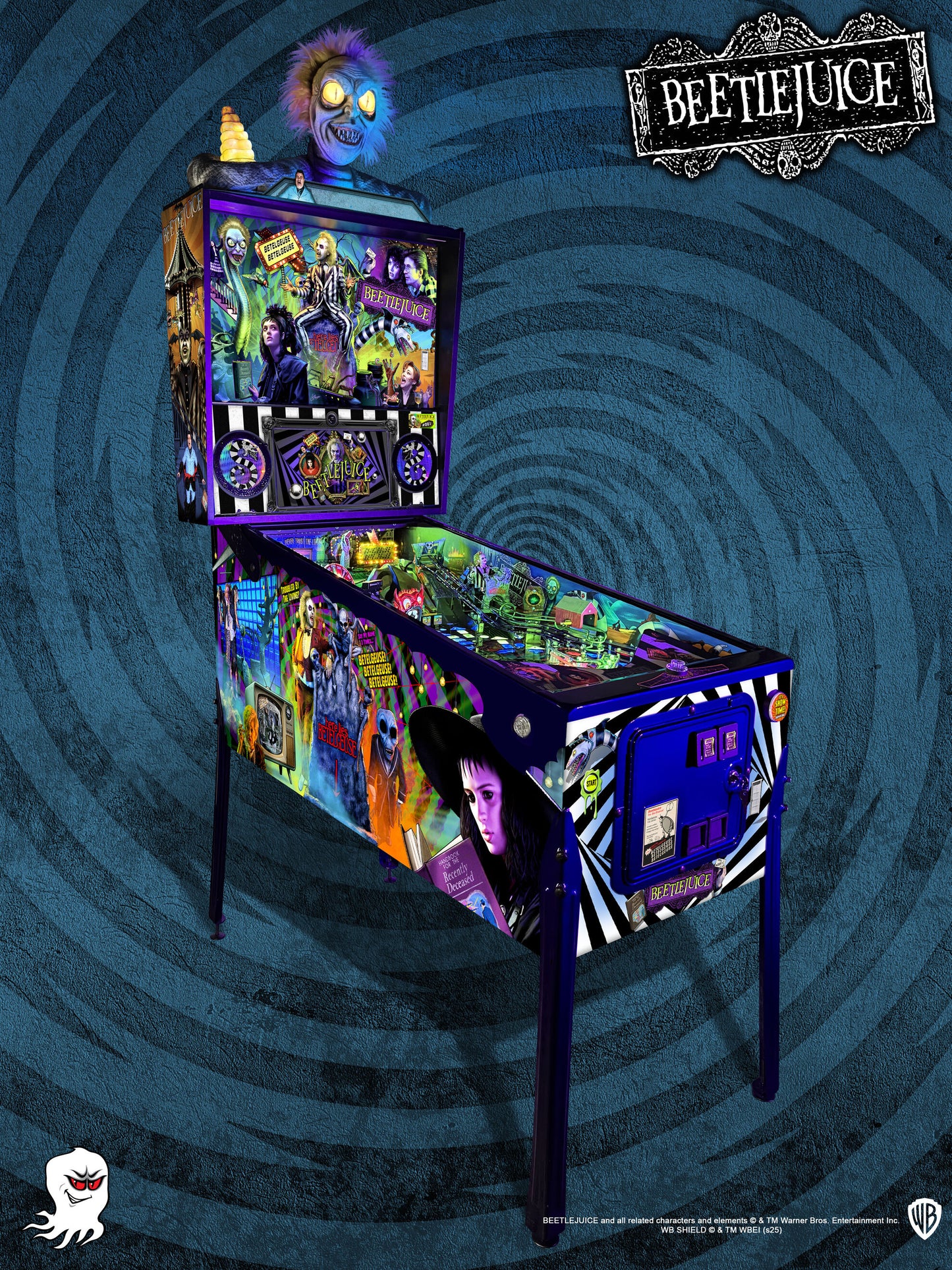Beetlejuice pinball machine by Spooky Pinball, left three-quarter view
