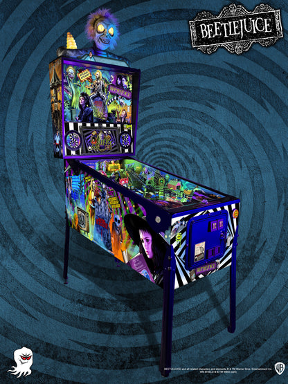 Beetlejuice pinball machine by Spooky Pinball, left three-quarter view