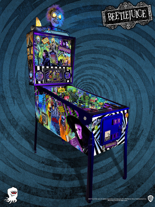 Beetlejuice pinball machine by Spooky Pinball, left three-quarter view